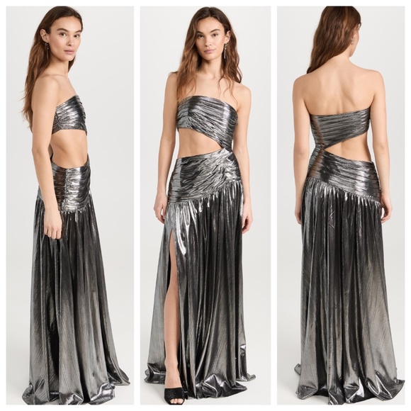 Retrofete KENNA Gunmetal Silver Metallic Lame Maxi Dress Strapless Cut Out NWT - Picture 1 of 14